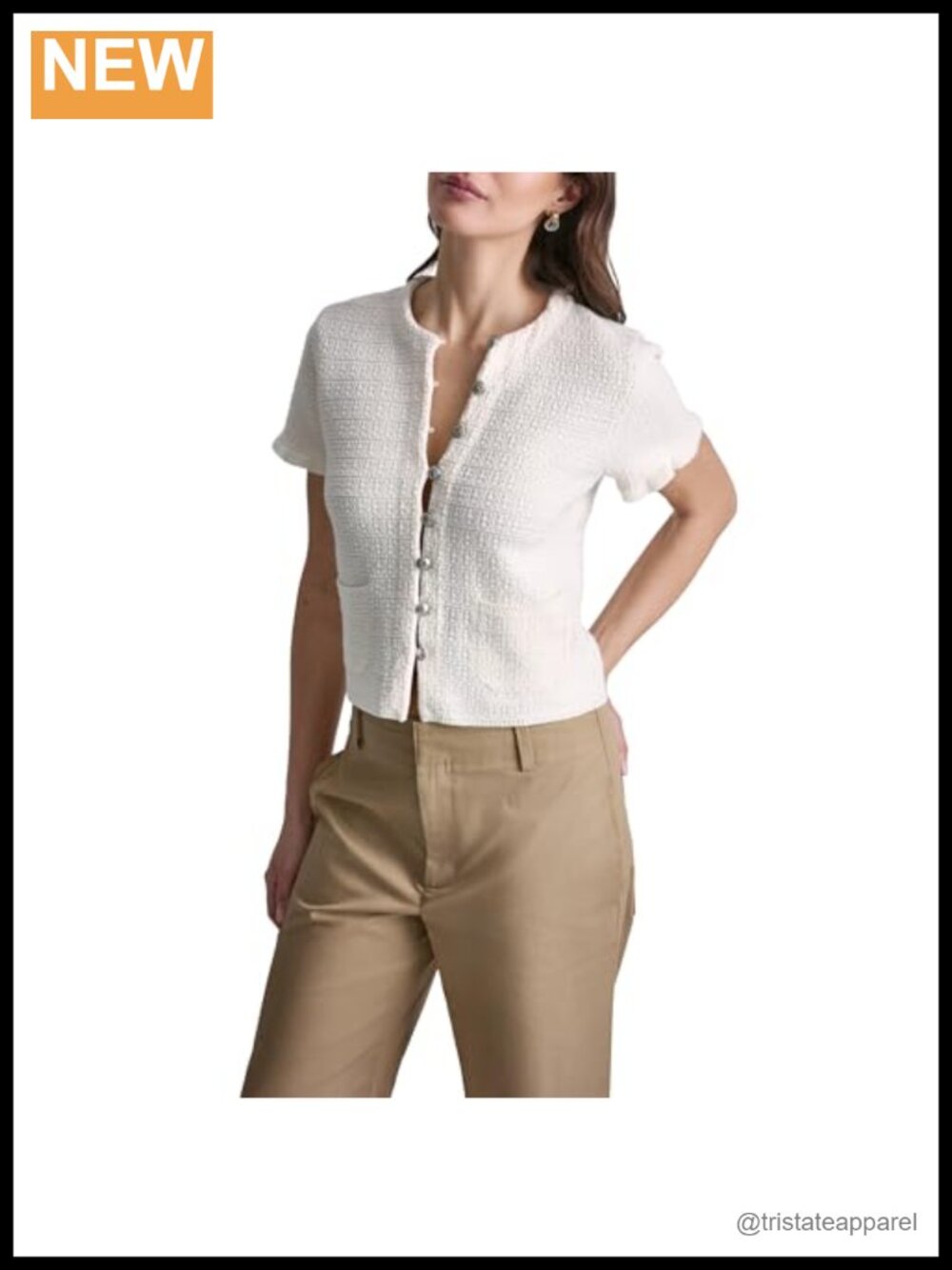 100% Cotton Short Sleeve Cardigan Ruffle Detail Button Front
